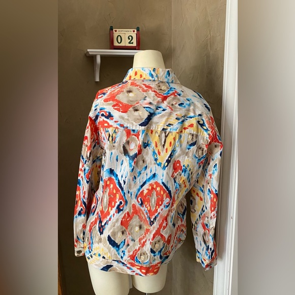 Chicos Womens Artsy cotton spandex multicolor jacket sz 2 ( M) Metal Button Up - Picture 3 of 15